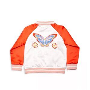 Margherita Two Tone Satin Butterfly Bomber Jacket Embroidered Orange White SZ 3T